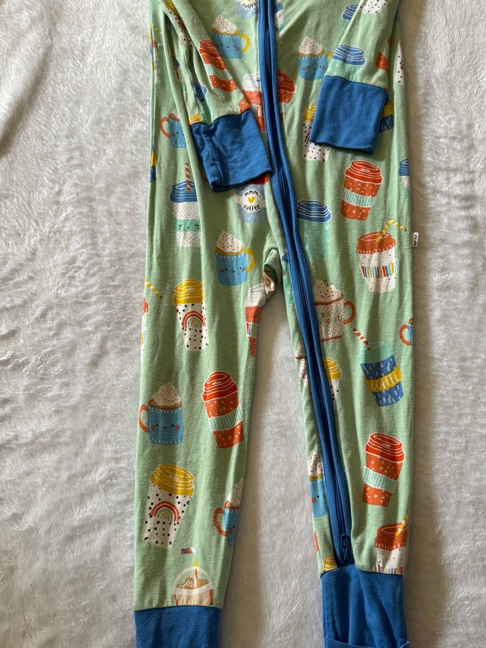 Little Sleepies Mint Green Coffee Cup Print Zippered Pajamas with Blue Accents